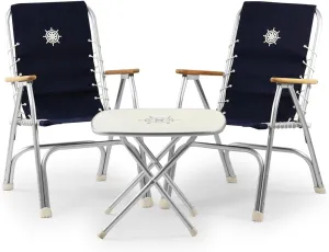 FORMA MARINE Folding Aluminum High Back Navy Blue Boat Chairs Teak Armrests, 3 Piece Bundle Set, 2 M150 Folding Alu.and Melamine Boat Table M350-24''X24''X19.3''-B150NB350