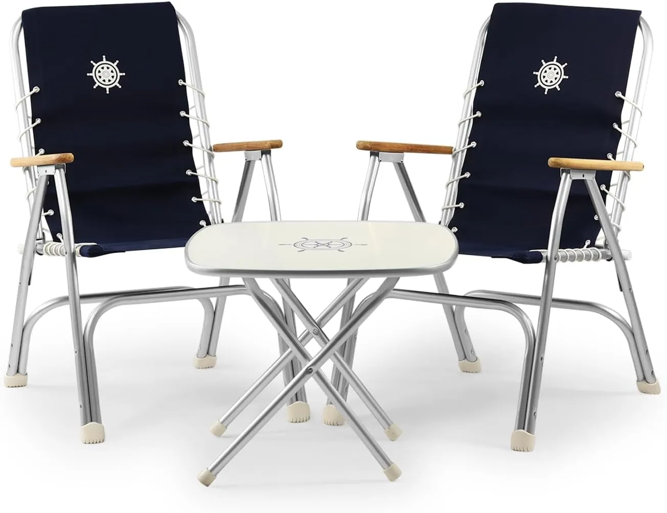 FORMA MARINE Folding Aluminum High Back Navy Blue Boat Chairs Teak Armrests, 3 Piece Bundle Set, 2 M150 Folding Alu.and Melamine Boat Table M350-24''X24''X19.3''-B150NB350