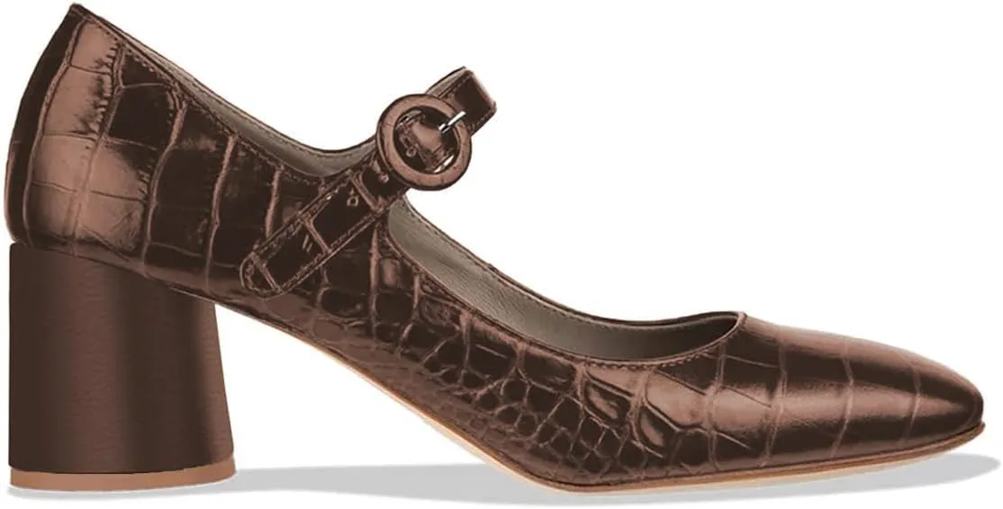 FOWT Crocodile Pattern Mary Jane Shoes for Women Snake Skin Mary Jane Pumps Ankle Buckle Straps Pump Square Toe Chunky Heels Uniform Dress Lolita Shoes Party, Blue Size 4-16
