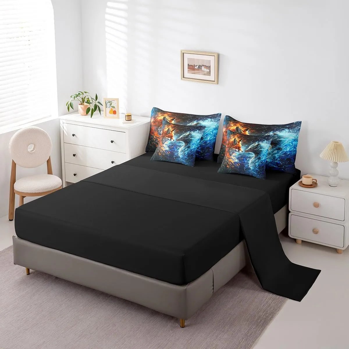 Fox and Dragon 7 Pieces Comforter Set Full Size,3D Flaming Ice Collision Bed in a Bag,Western Magical Style Animals Kids Boys Girls Teens,Galaxy Universe with Comforter, Sheet Sets and Pillow Cases