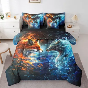 Fox and Dragon 7 Pieces Comforter Set Full Size,3D Flaming Ice Collision Bed in a Bag,Western Magical Style Animals Kids Boys Girls Teens,Galaxy Universe with Comforter, Sheet Sets and Pillow Cases