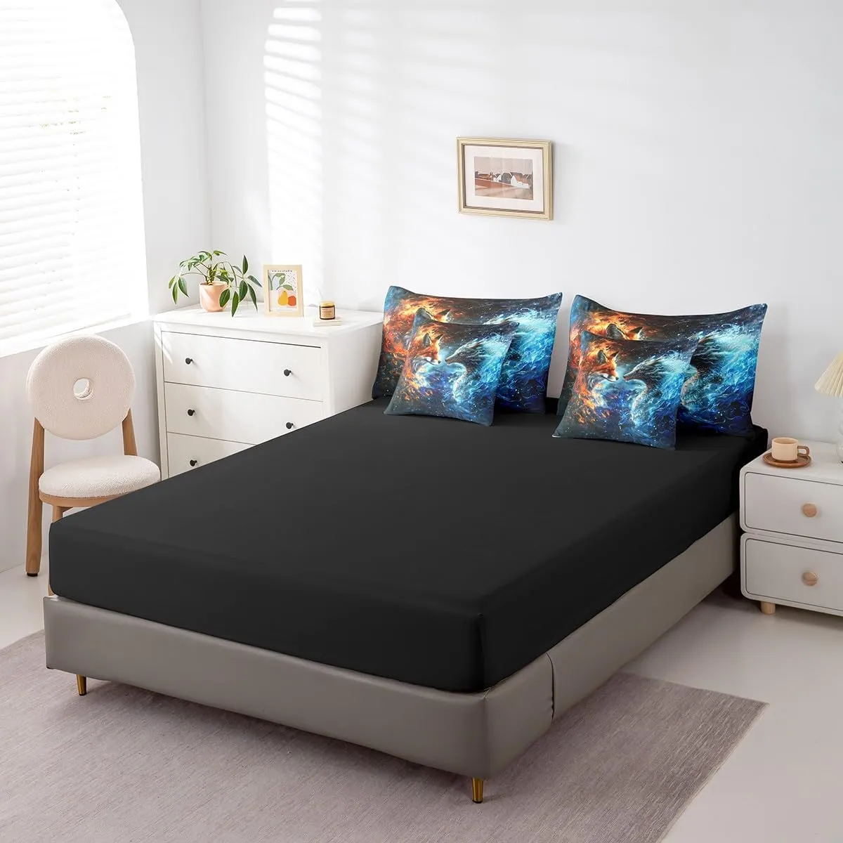 Fox and Dragon 7 Pieces Comforter Set Full Size,3D Flaming Ice Collision Bed in a Bag,Western Magical Style Animals Kids Boys Girls Teens,Galaxy Universe with Comforter, Sheet Sets and Pillow Cases