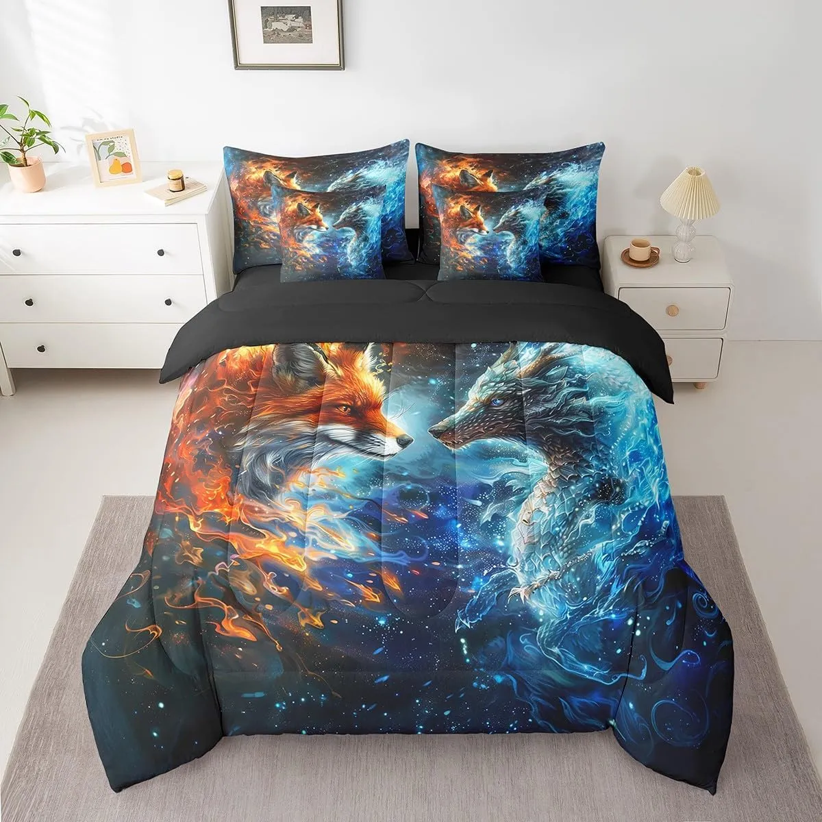Fox and Dragon 7 Pieces Comforter Set Full Size,3D Flaming Ice Collision Bed in a Bag,Western Magical Style Animals Kids Boys Girls Teens,Galaxy Universe with Comforter, Sheet Sets and Pillow Cases