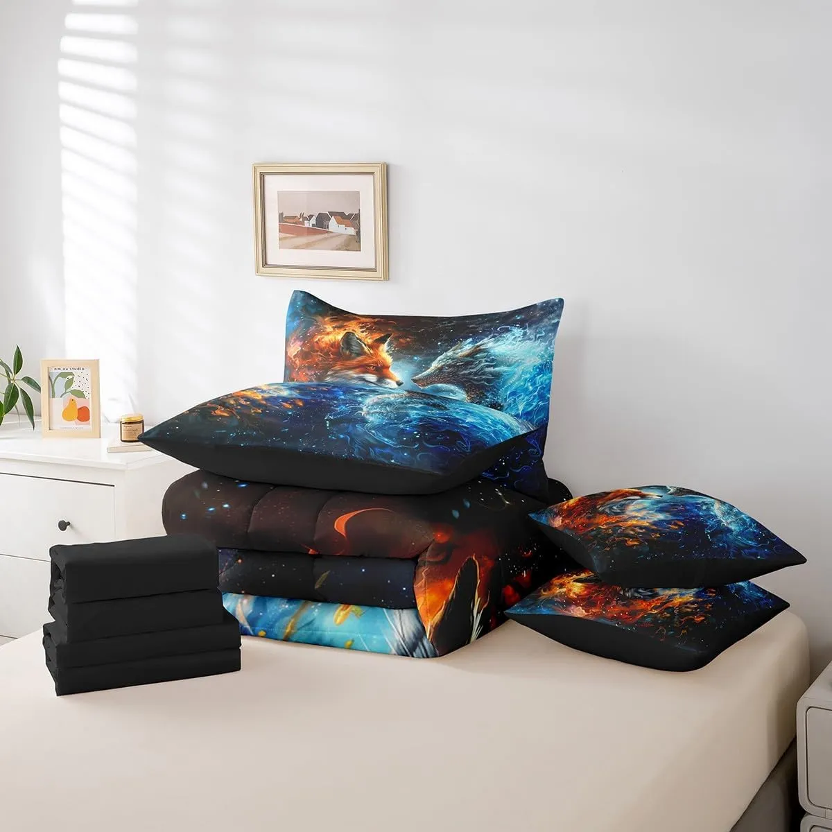 Fox and Dragon 7 Pieces Comforter Set Full Size,3D Flaming Ice Collision Bed in a Bag,Western Magical Style Animals Kids Boys Girls Teens,Galaxy Universe with Comforter, Sheet Sets and Pillow Cases