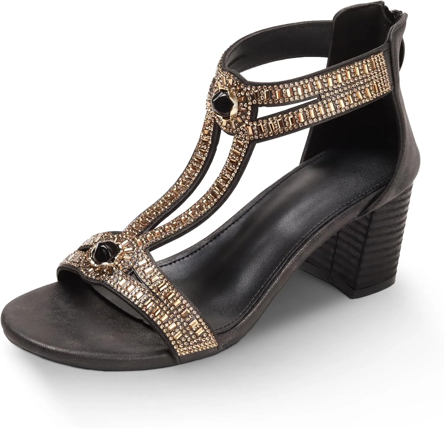FRALOSHA Women's Chunky Low Heel Pump Sandals Rhinestones Ankle Strap Block Sandal Wedding beach Shoes