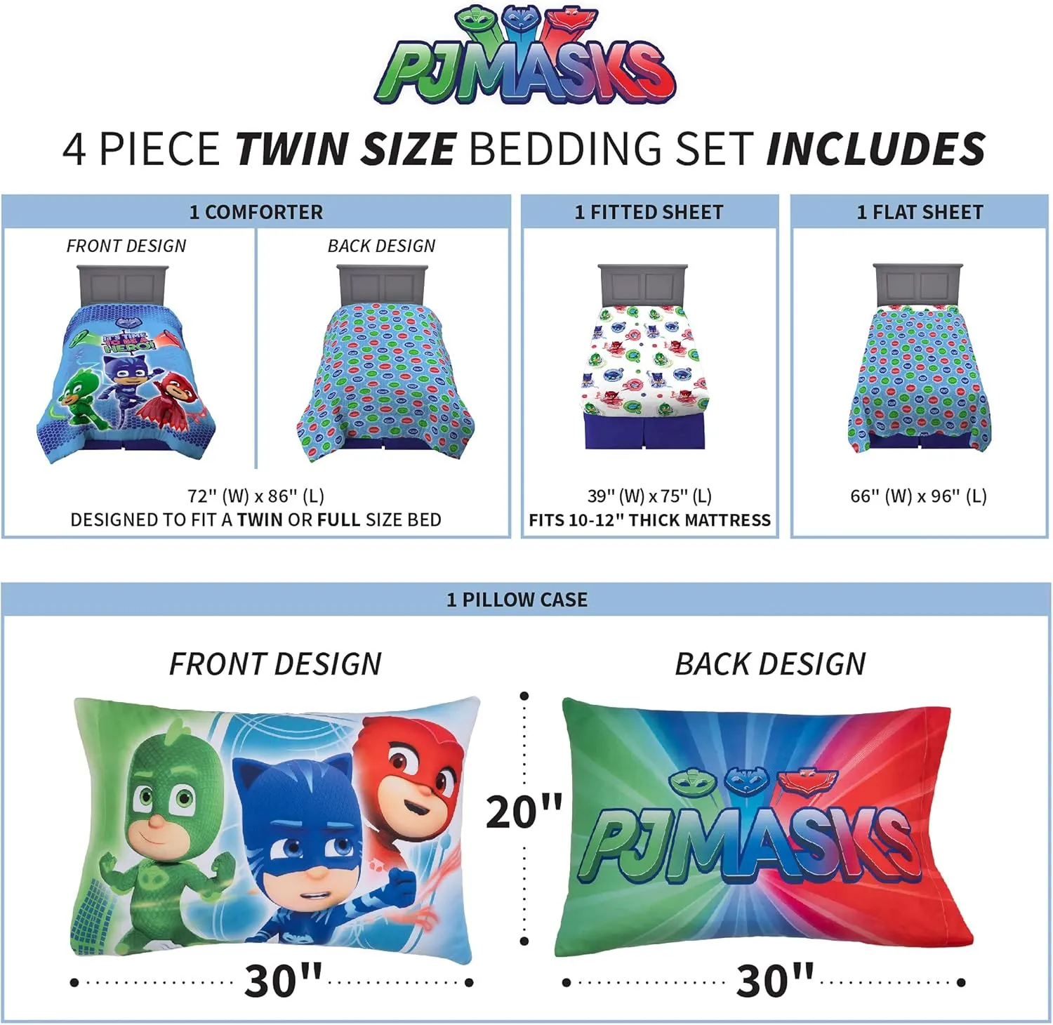 Franco Kids Bedding Super Soft Comforter and Sheet Set, 4 Piece Twin Size, PJ Masks