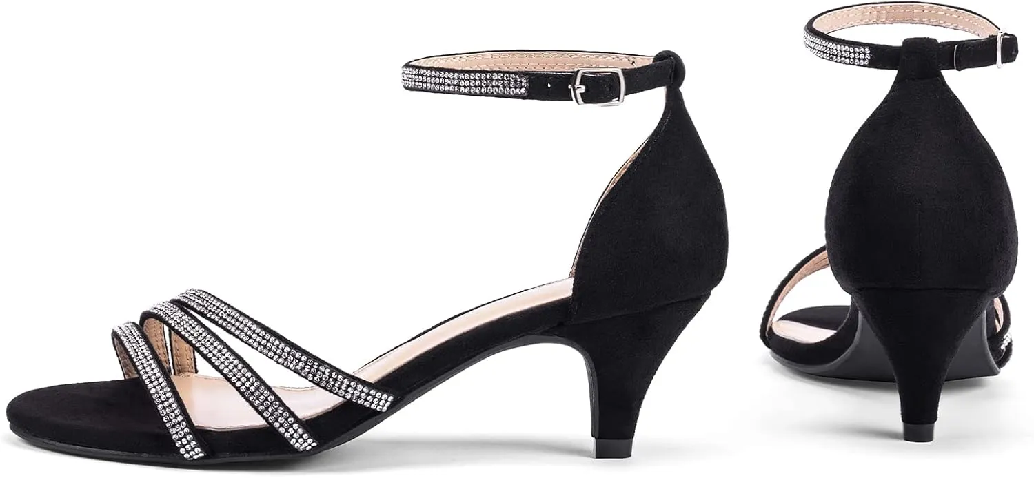 Frank Mully Women's Sparkly Low Kitten Heel Open Toe Sandals Ankle Strap Glitter Bridal Wedding Dress Pump Shoes