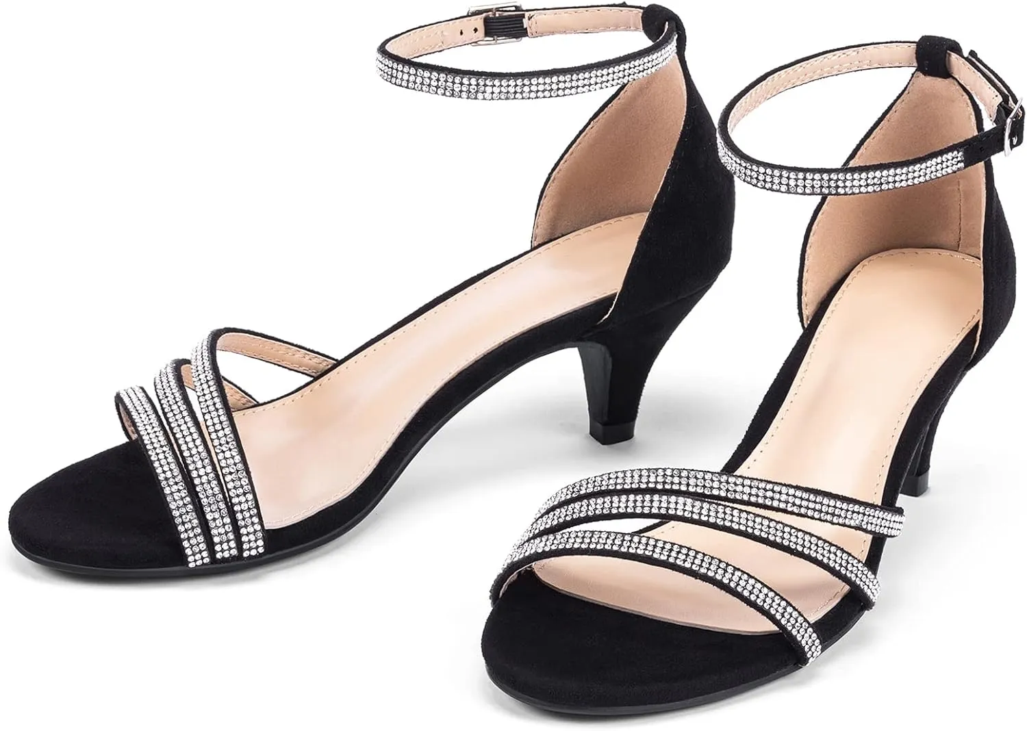 Frank Mully Women's Sparkly Low Kitten Heel Open Toe Sandals Ankle Strap Glitter Bridal Wedding Dress Pump Shoes