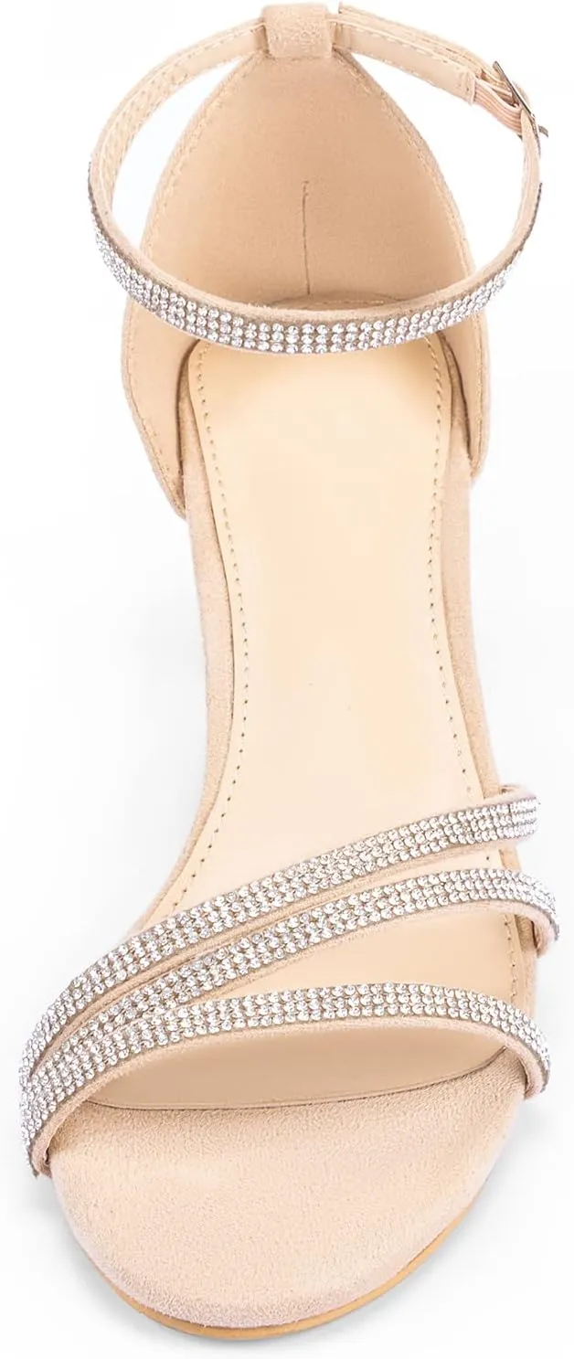 Frank Mully Women's Sparkly Low Kitten Heel Open Toe Sandals Ankle Strap Glitter Bridal Wedding Dress Pump Shoes