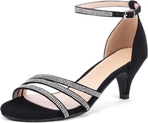 Frank Mully Women's Sparkly Low Kitten Heel Open Toe Sandals Ankle Strap Glitter Bridal Wedding Dress Pump Shoes