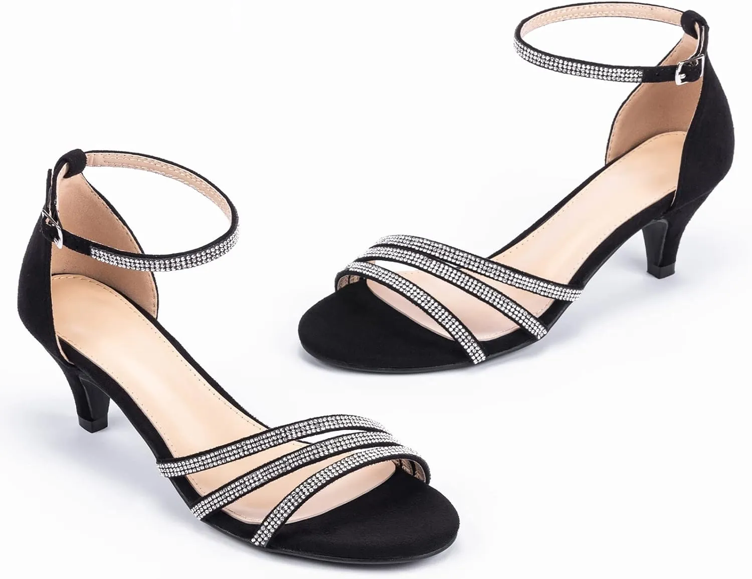 Frank Mully Women's Sparkly Low Kitten Heel Open Toe Sandals Ankle Strap Glitter Bridal Wedding Dress Pump Shoes