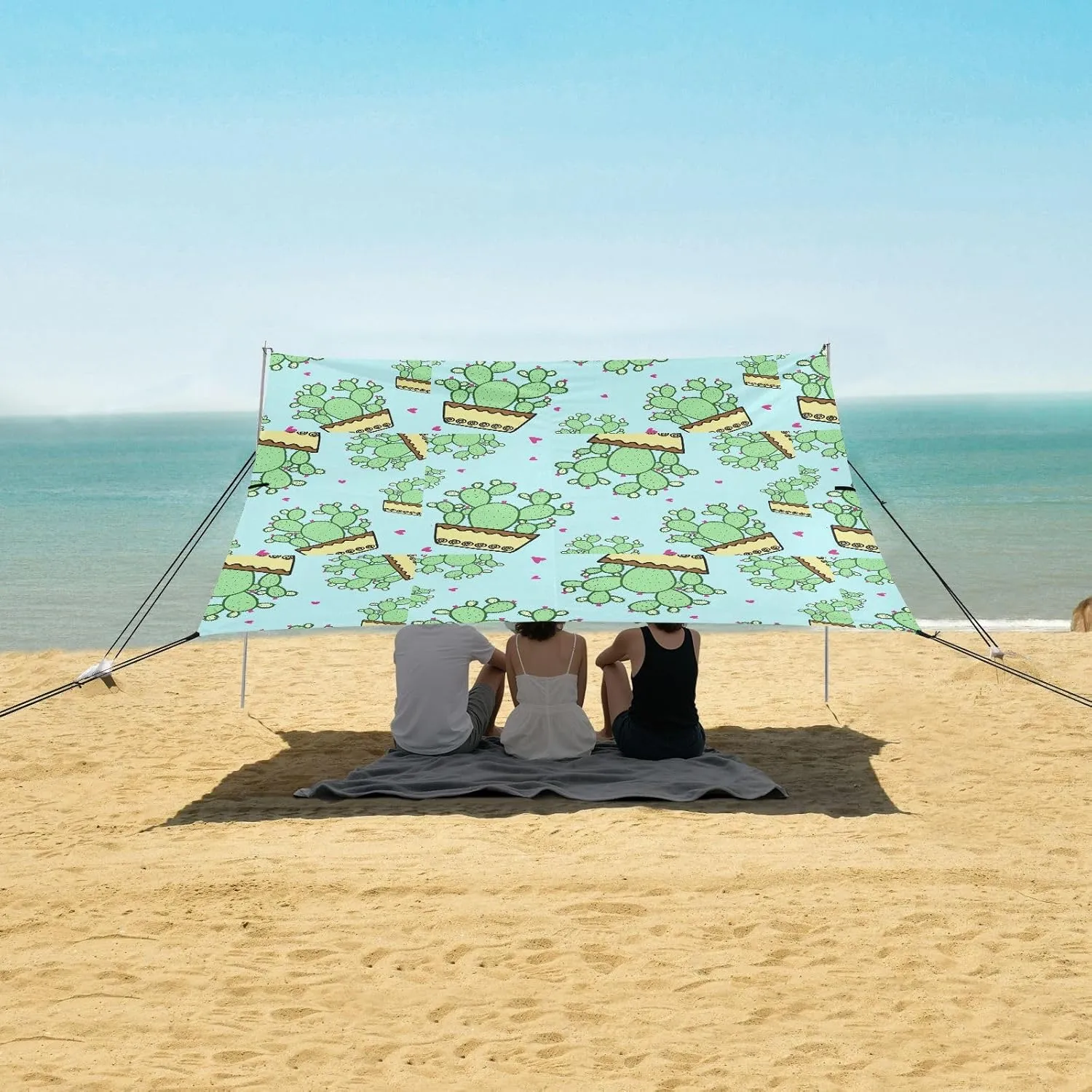 Freehand Drawing Cactus Beach Camping Tent Sun Shelter for Whole Family, Beach Shade Canopy with UPF50  UV Protection,Easy Set Up and Carry,Outdoor Shade for Trips, Fishing, Backyard Fun Picnic