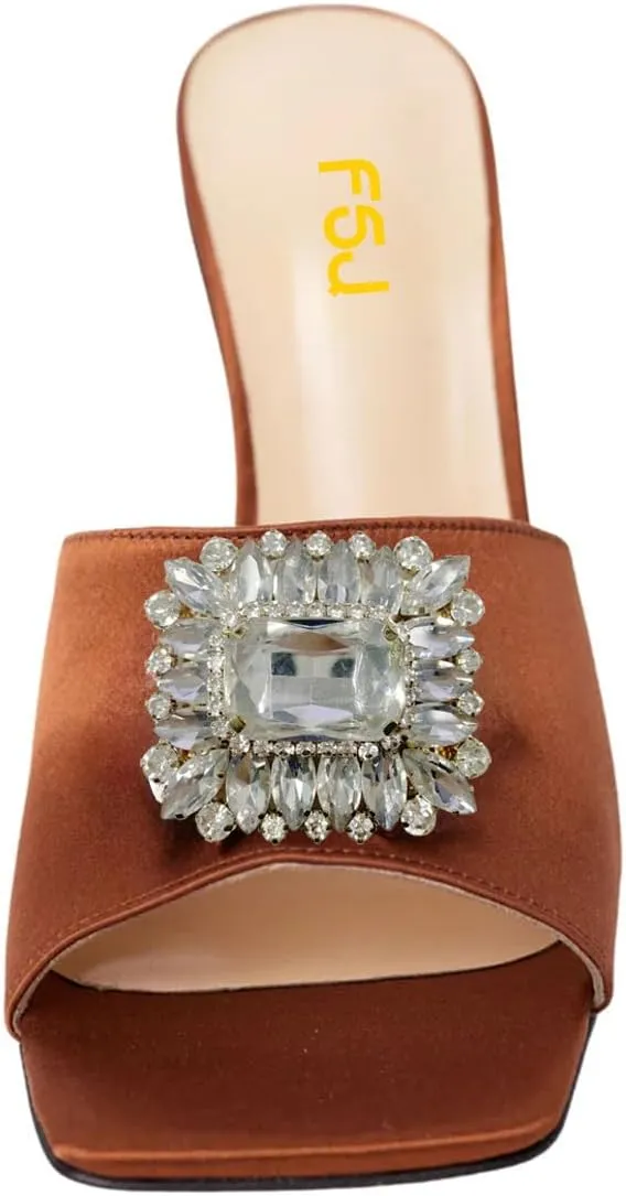 FSJ Women Luxury Square Crystal High Heel Sandals Mule Open Toe Rhinestone Block Heel Slip On Comfort Evening Party Dress Gem Slides Shoes Size 4-16 US