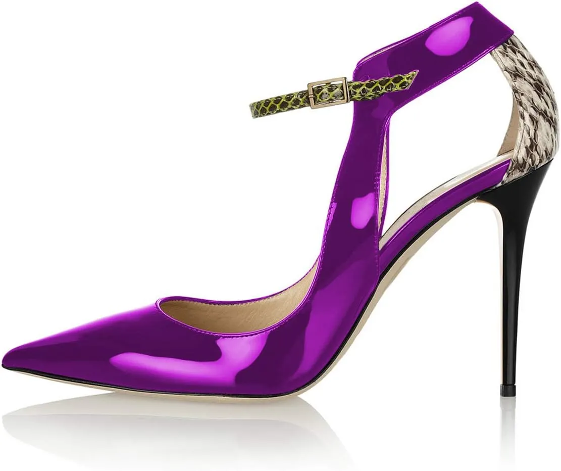 FSJ Women Pointy Toe Ankle Strap Pump High Heel Slip On Cutout Snake Print Daily Office Shoes Size 4-15 US
