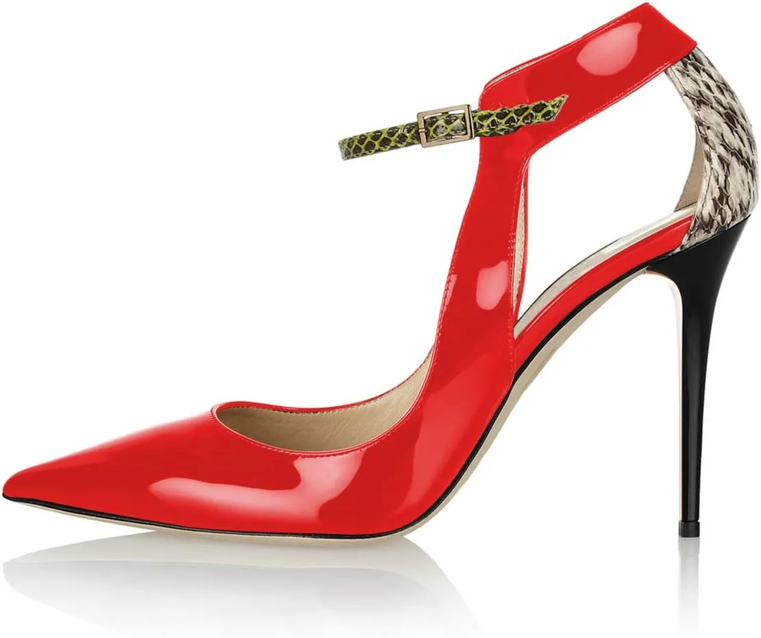 FSJ Women Pointy Toe Ankle Strap Pump High Heel Slip On Cutout Snake Print Daily Office Shoes Size 4-15 US