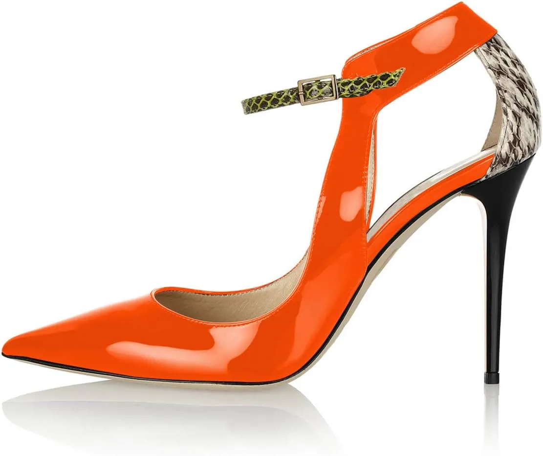 FSJ Women Pointy Toe Ankle Strap Pump High Heel Slip On Cutout Snake Print Daily Office Shoes Size 4-15 US