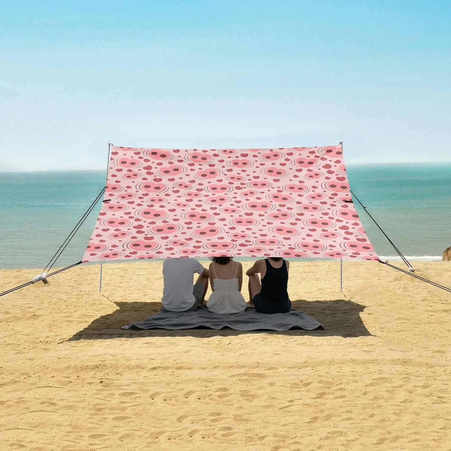 Funny Pig Nose Love Pattern Beach Canopy Tent Anti-UV & Wind Resistant, Camping Sun Shelter Easy Setup Portable,Outdoor Shade Tents with Sandbags,Sand Shovels,Ground Pegs & Stability Poles