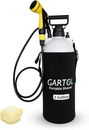 Gartol 2 Gallon Portable Shower with Handheld Showerhead, Silicone Bath Massage Brush, and Thermal Insulation Bag, High-Pressure Camping, Surf, Dog Shower Sprayer