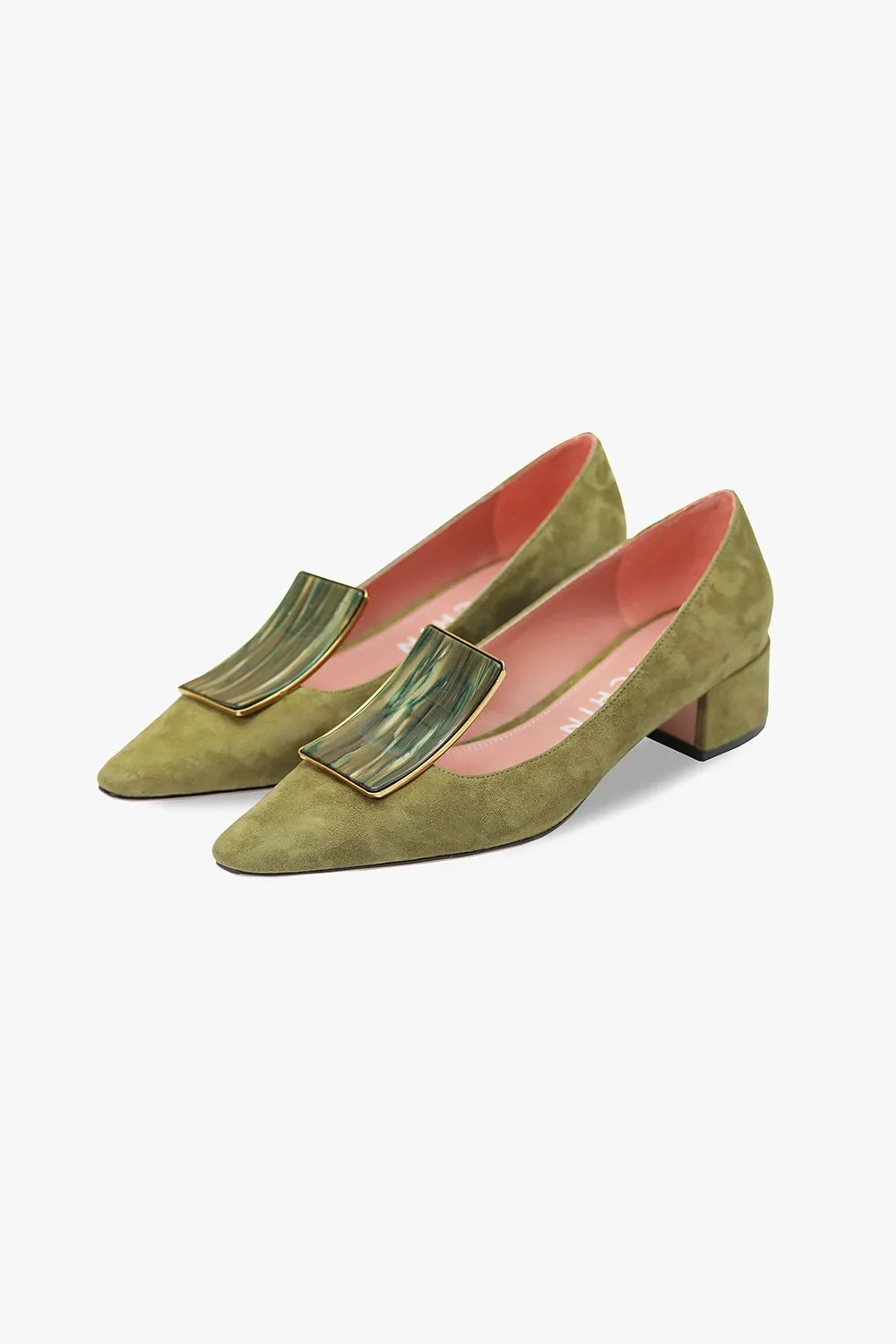 Gemstone Low Heel Suede Pump