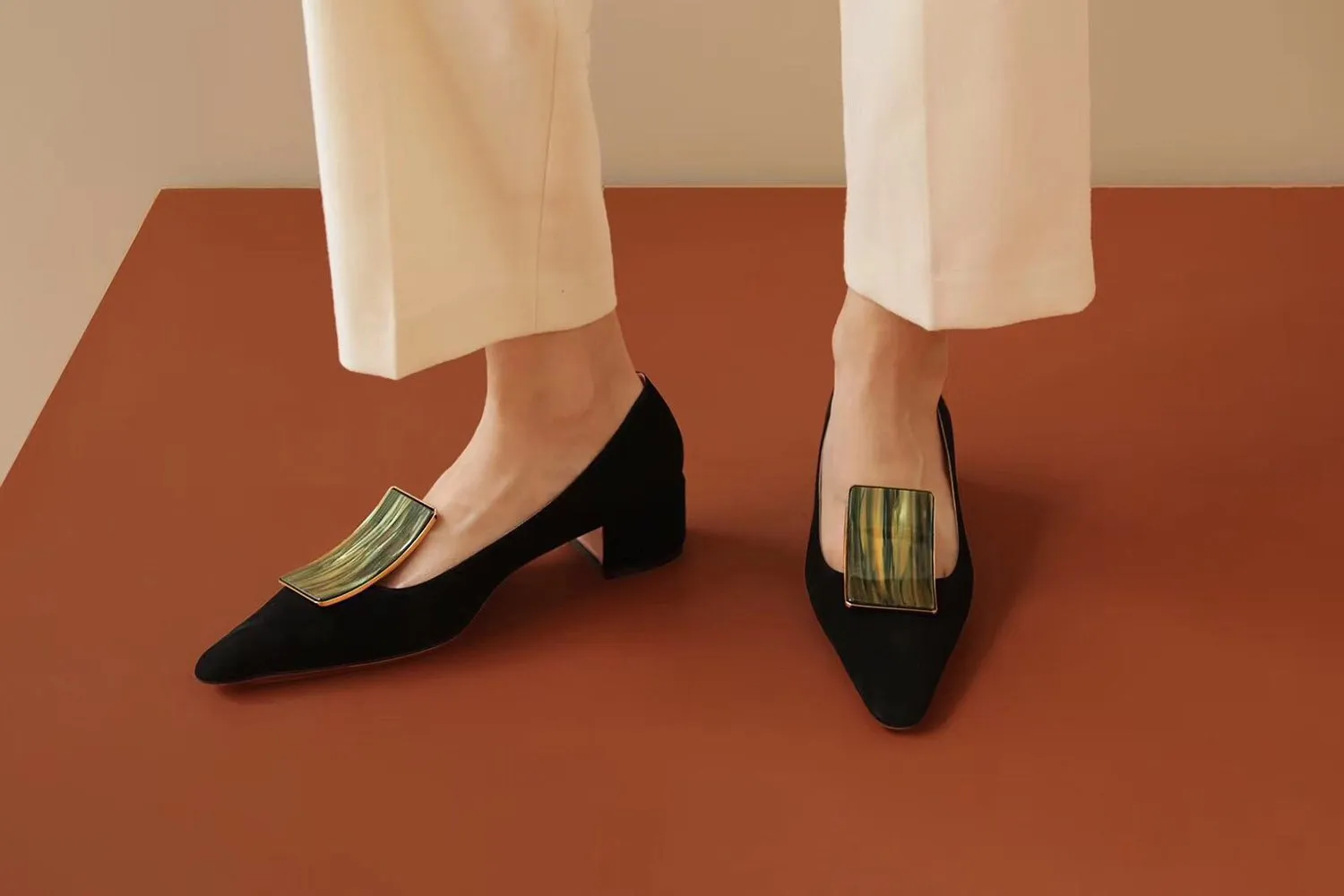 Gemstone Low Heel Suede Pump