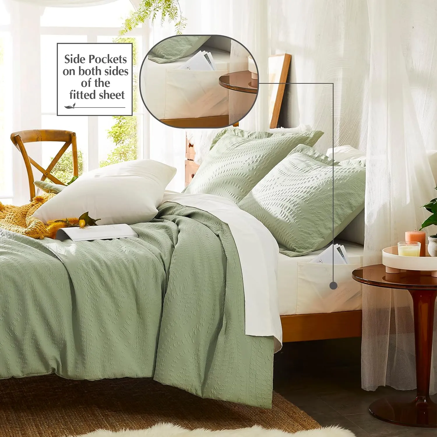 Geniospin King Size Comforter Set, Bed in a Bag Sage Green 7-Pieces, All Season Comfortable Bedding with Comforter, Pillow Sham, Flat Sheet, Fitted Sheet and Pillowcase (King,102"x90")