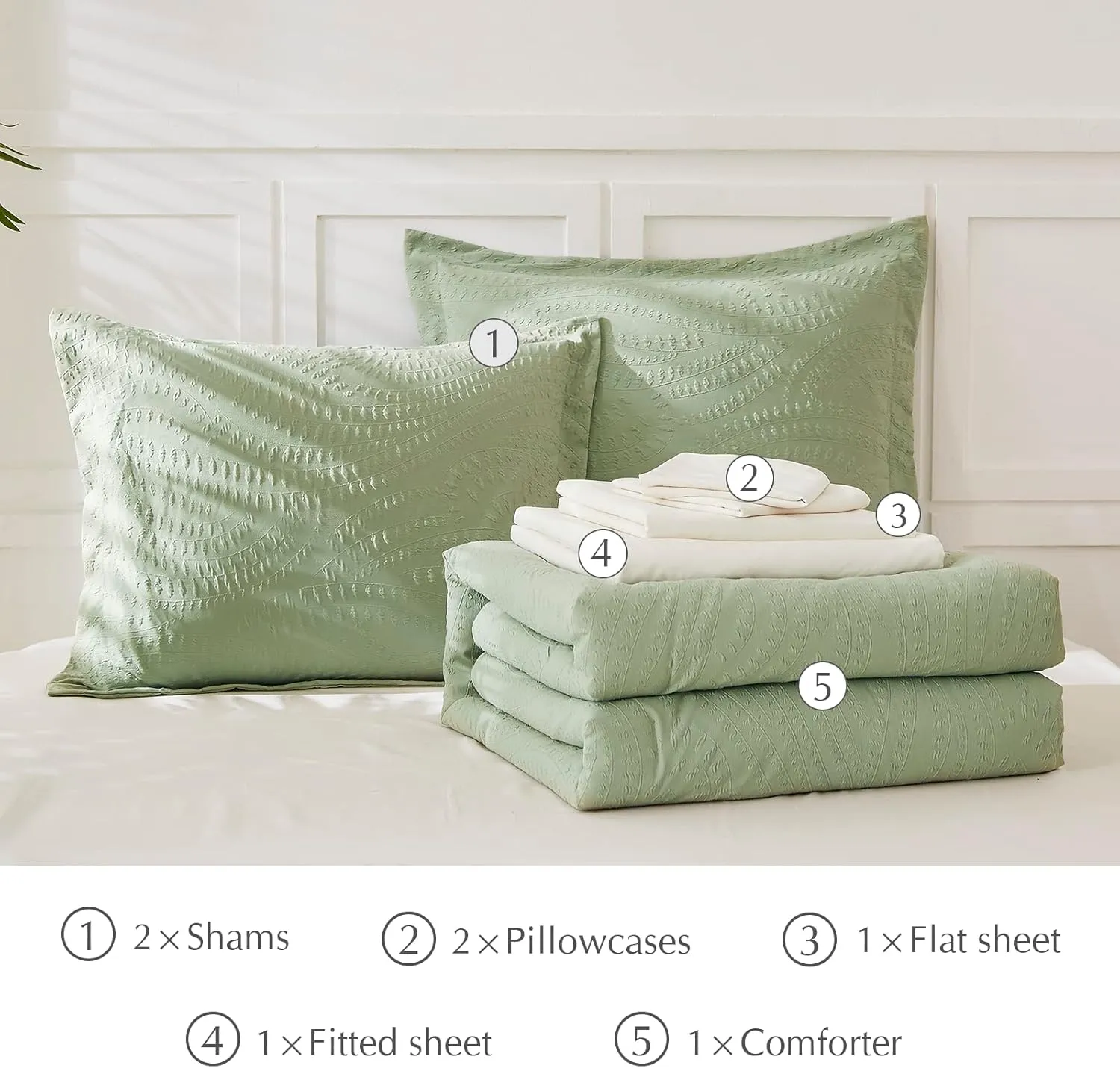 Geniospin King Size Comforter Set, Bed in a Bag Sage Green 7-Pieces, All Season Comfortable Bedding with Comforter, Pillow Sham, Flat Sheet, Fitted Sheet and Pillowcase (King,102"x90")