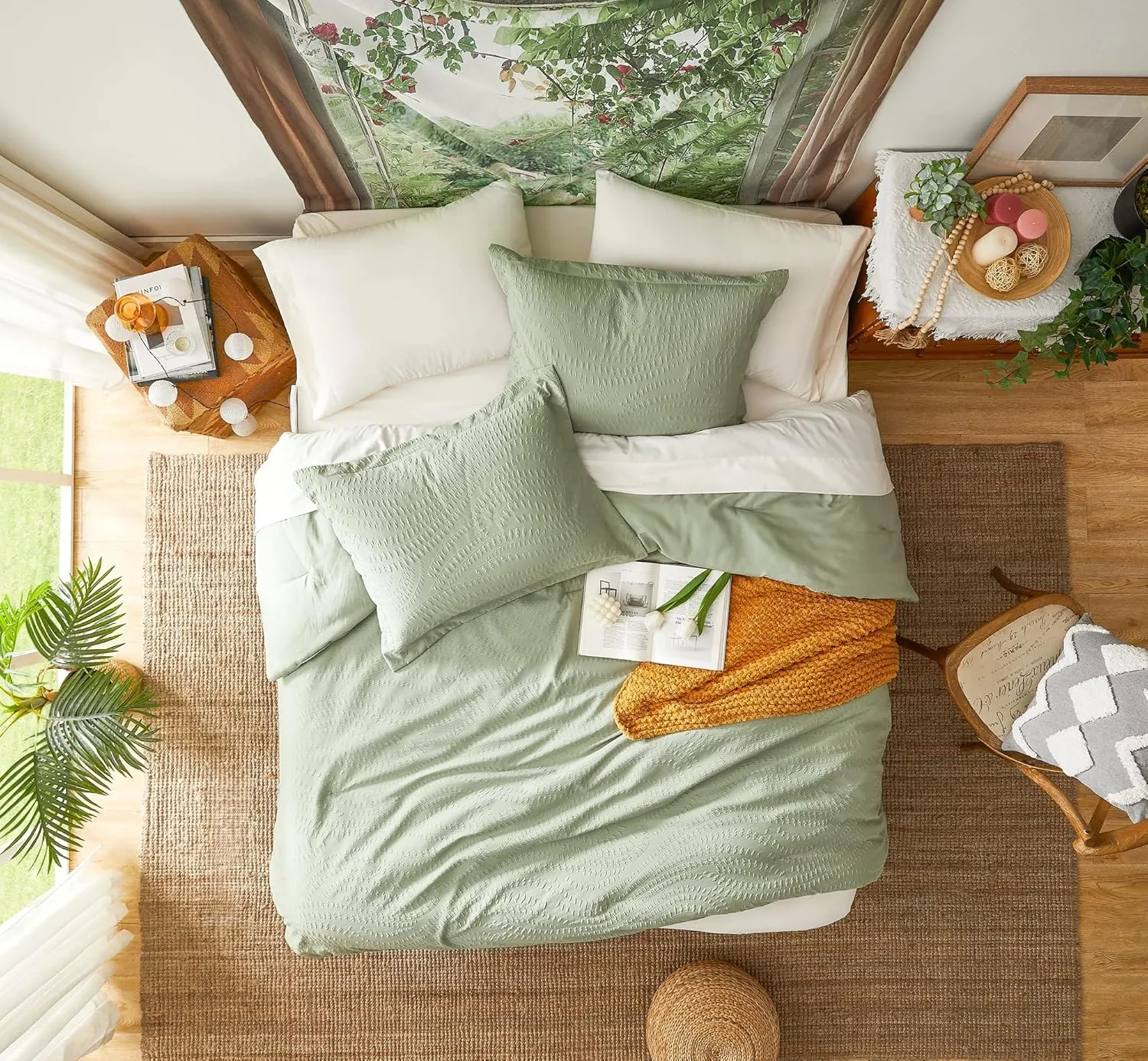 Geniospin King Size Comforter Set, Bed in a Bag Sage Green 7-Pieces, All Season Comfortable Bedding with Comforter, Pillow Sham, Flat Sheet, Fitted Sheet and Pillowcase (King,102"x90")