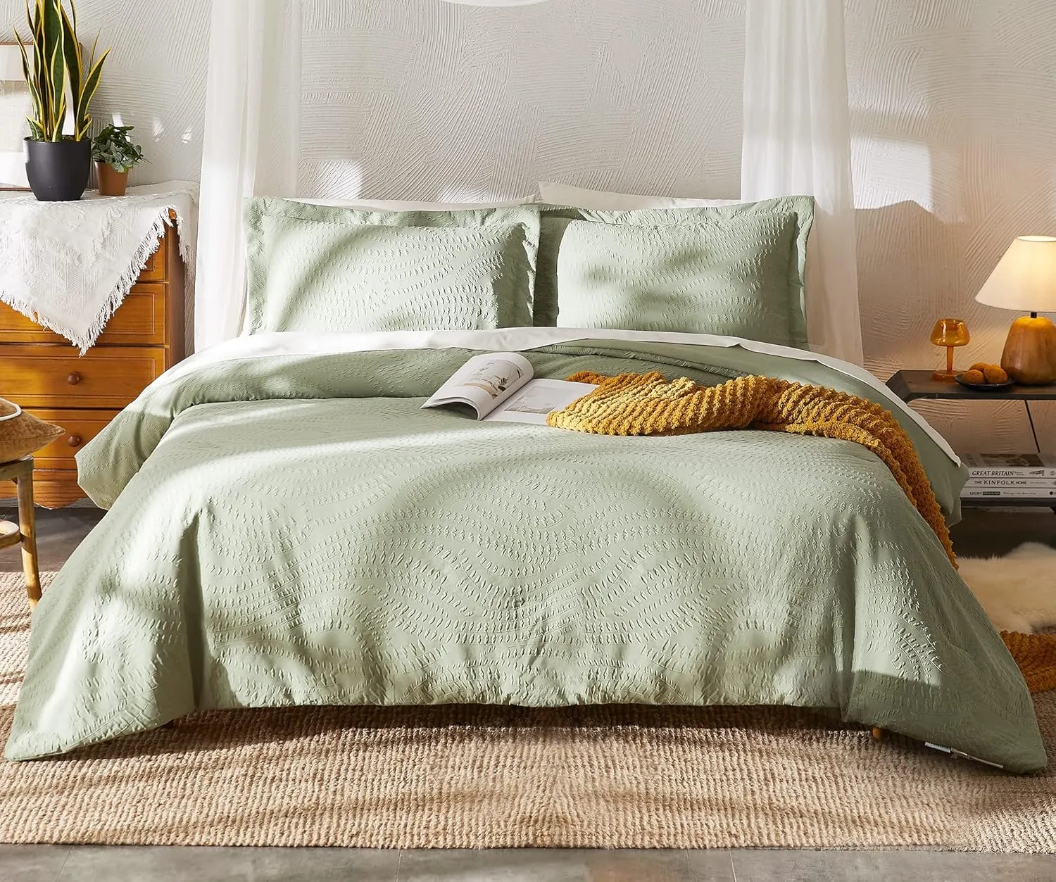 Geniospin King Size Comforter Set, Bed in a Bag Sage Green 7-Pieces, All Season Comfortable Bedding with Comforter, Pillow Sham, Flat Sheet, Fitted Sheet and Pillowcase (King,102"x90")