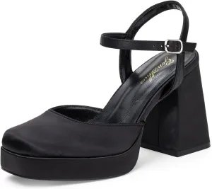 GENSHUO Women's Platform Chunky Heel Pumps - 4 Inches Closed Square Toe Heels with Ankle Strap Dress Wedding Party Shoes