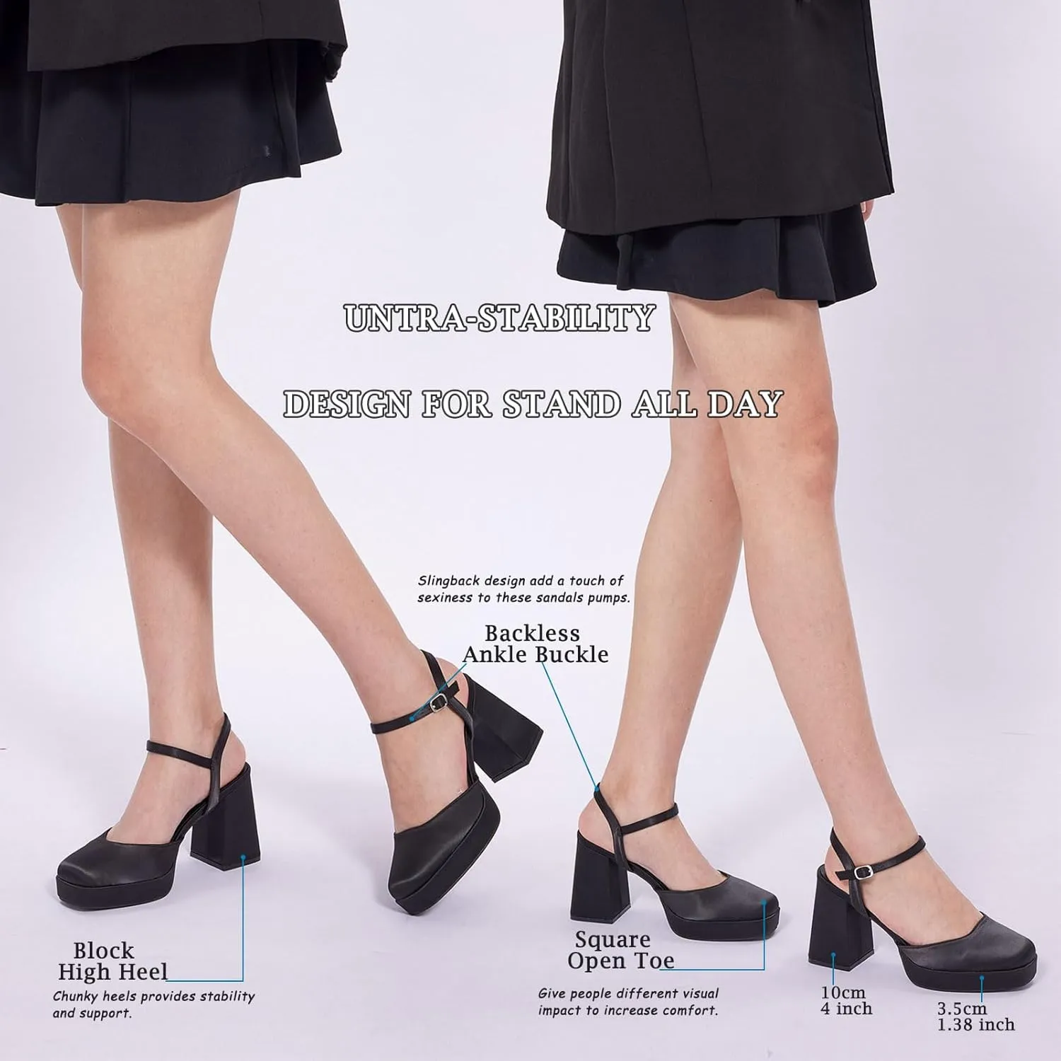 GENSHUO Women's Platform Chunky Heel Pumps - 4 Inches Closed Square Toe Heels with Ankle Strap Dress Wedding Party Shoes