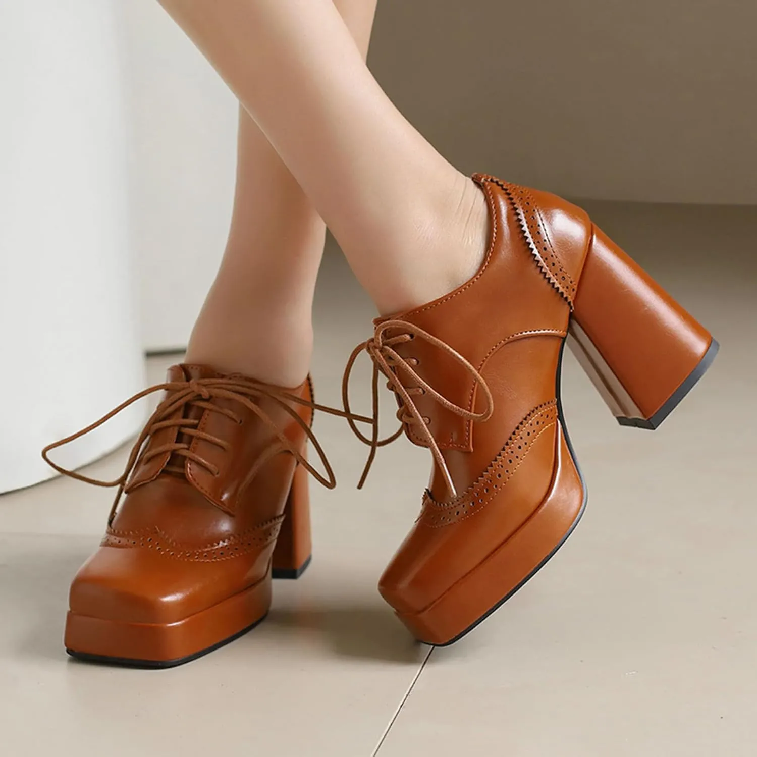 Gicoiz Patent Oxford Women Office Work Lace Up Stylish Brogue Pumps