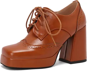 Gicoiz Patent Oxford Women Office Work Lace Up Stylish Brogue Pumps