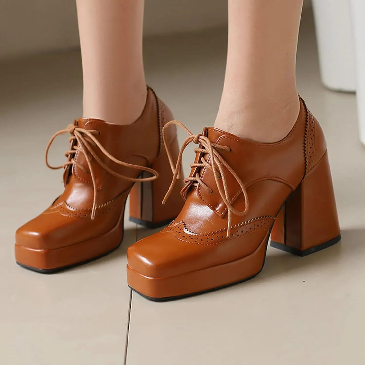 Gicoiz Patent Oxford Women Office Work Lace Up Stylish Brogue Pumps