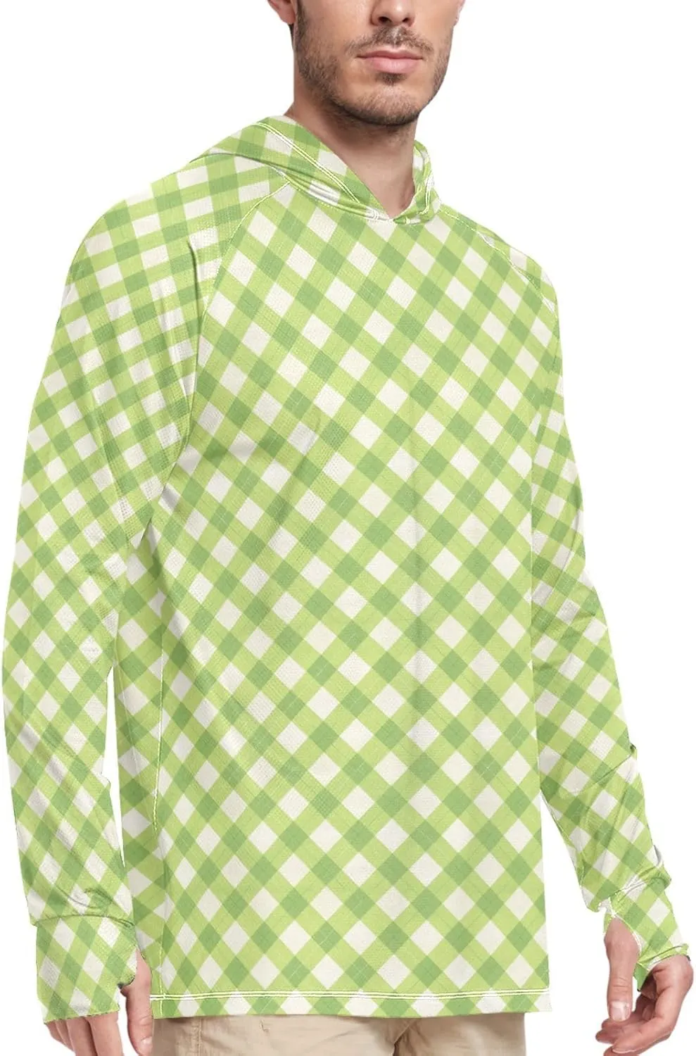 Gingham Plaid Men Sun Protection Hoodies Long Sleeve UPF 50 Mens Sun Shirt Clothing Hood Shirts UV Hooded Rash Guard