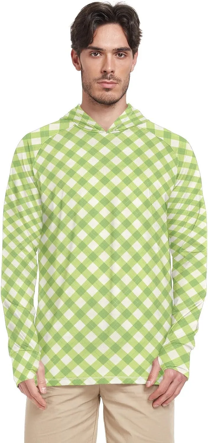 Gingham Plaid Men Sun Protection Hoodies Long Sleeve UPF 50 Mens Sun Shirt Clothing Hood Shirts UV Hooded Rash Guard