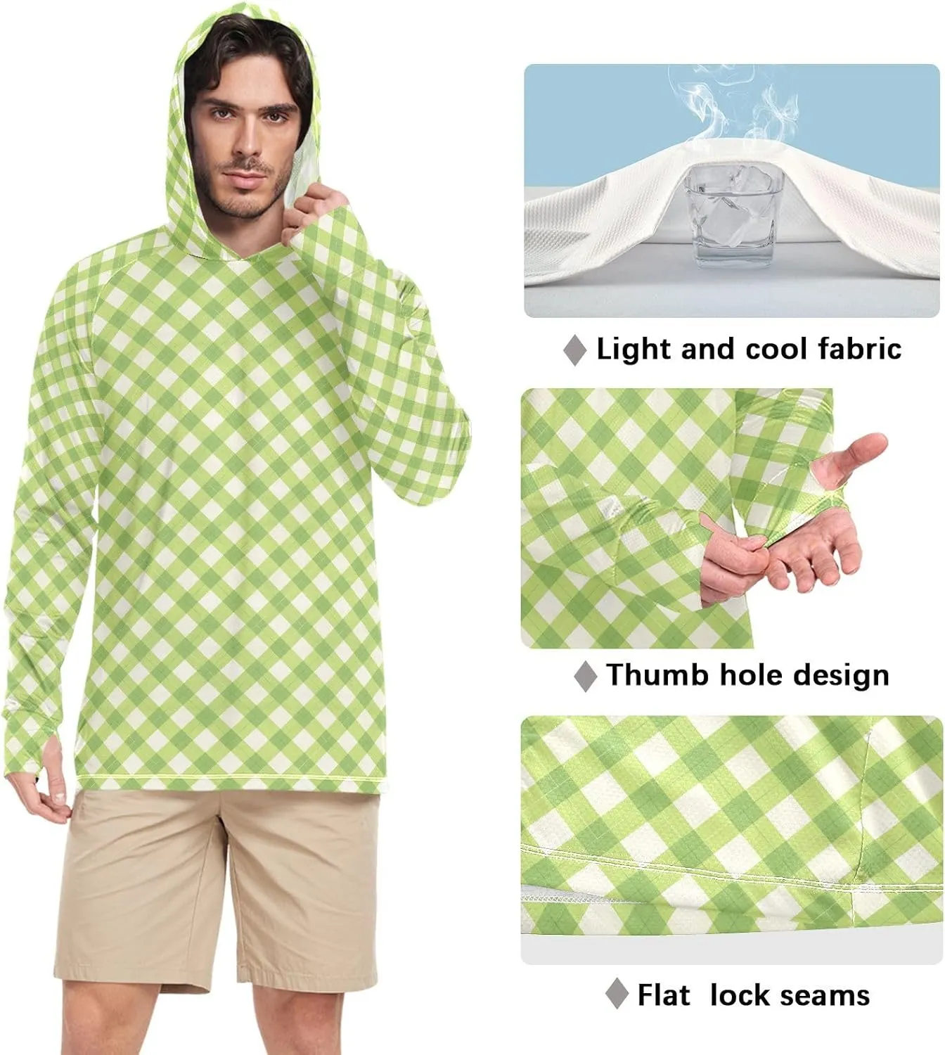 Gingham Plaid Men Sun Protection Hoodies Long Sleeve UPF 50 Mens Sun Shirt Clothing Hood Shirts UV Hooded Rash Guard