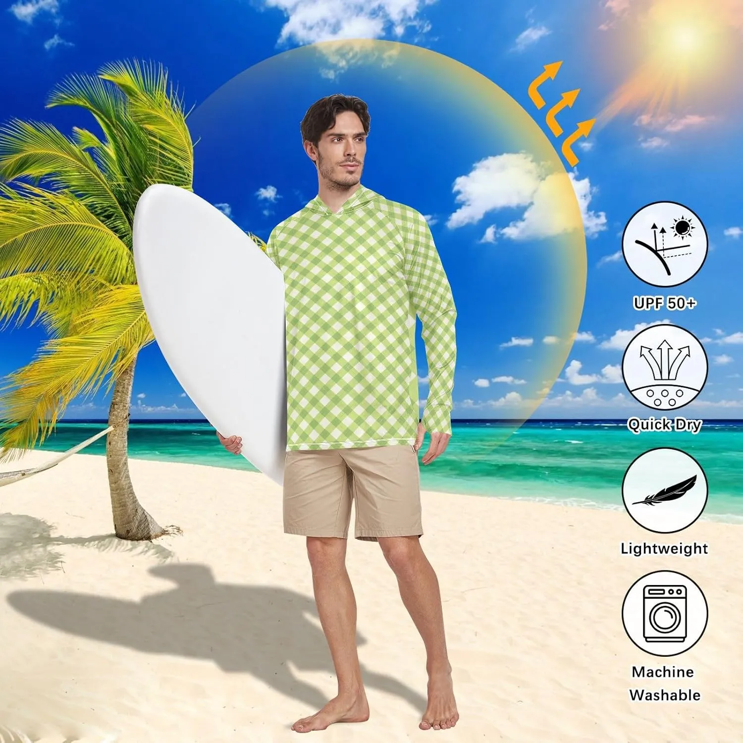 Gingham Plaid Men Sun Protection Hoodies Long Sleeve UPF 50 Mens Sun Shirt Clothing Hood Shirts UV Hooded Rash Guard