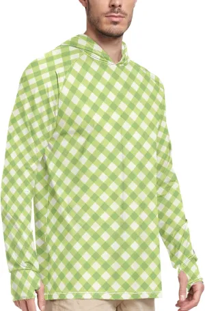 Gingham Plaid Men Sun Protection Hoodies Long Sleeve UPF 50 Mens Sun Shirt Clothing Hood Shirts UV Hooded Rash Guard