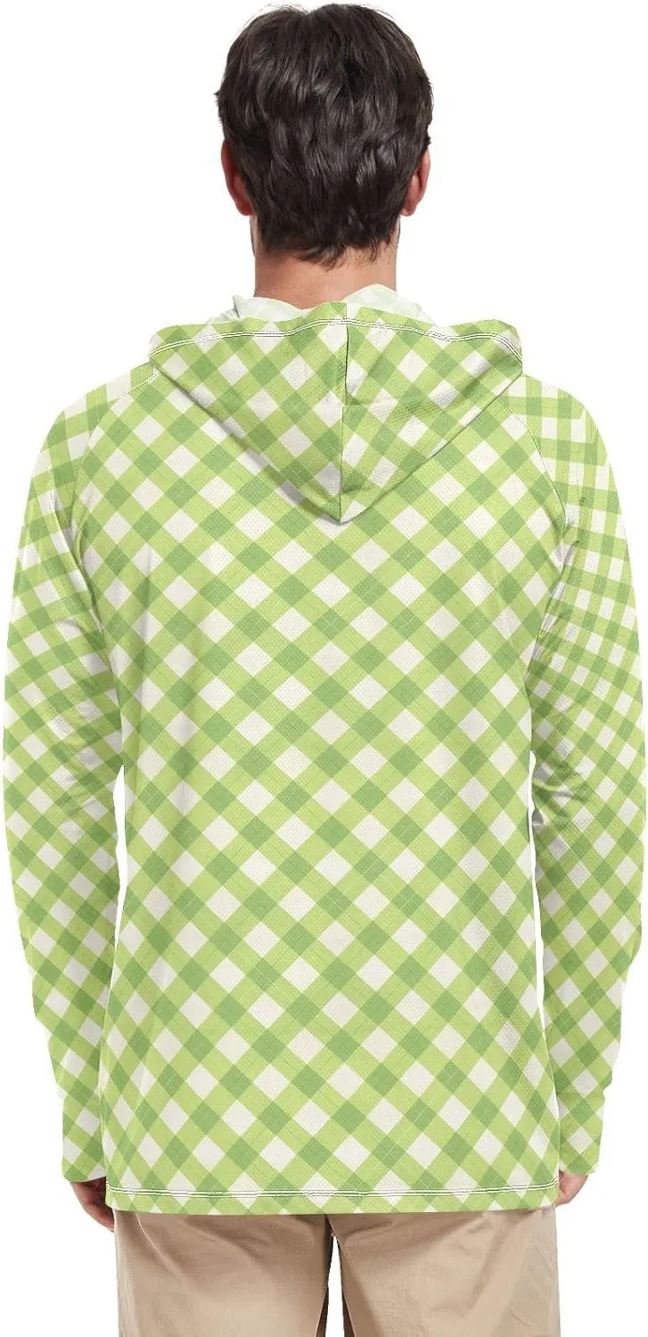 Gingham Plaid Men Sun Protection Hoodies Long Sleeve UPF 50 Mens Sun Shirt Clothing Hood Shirts UV Hooded Rash Guard