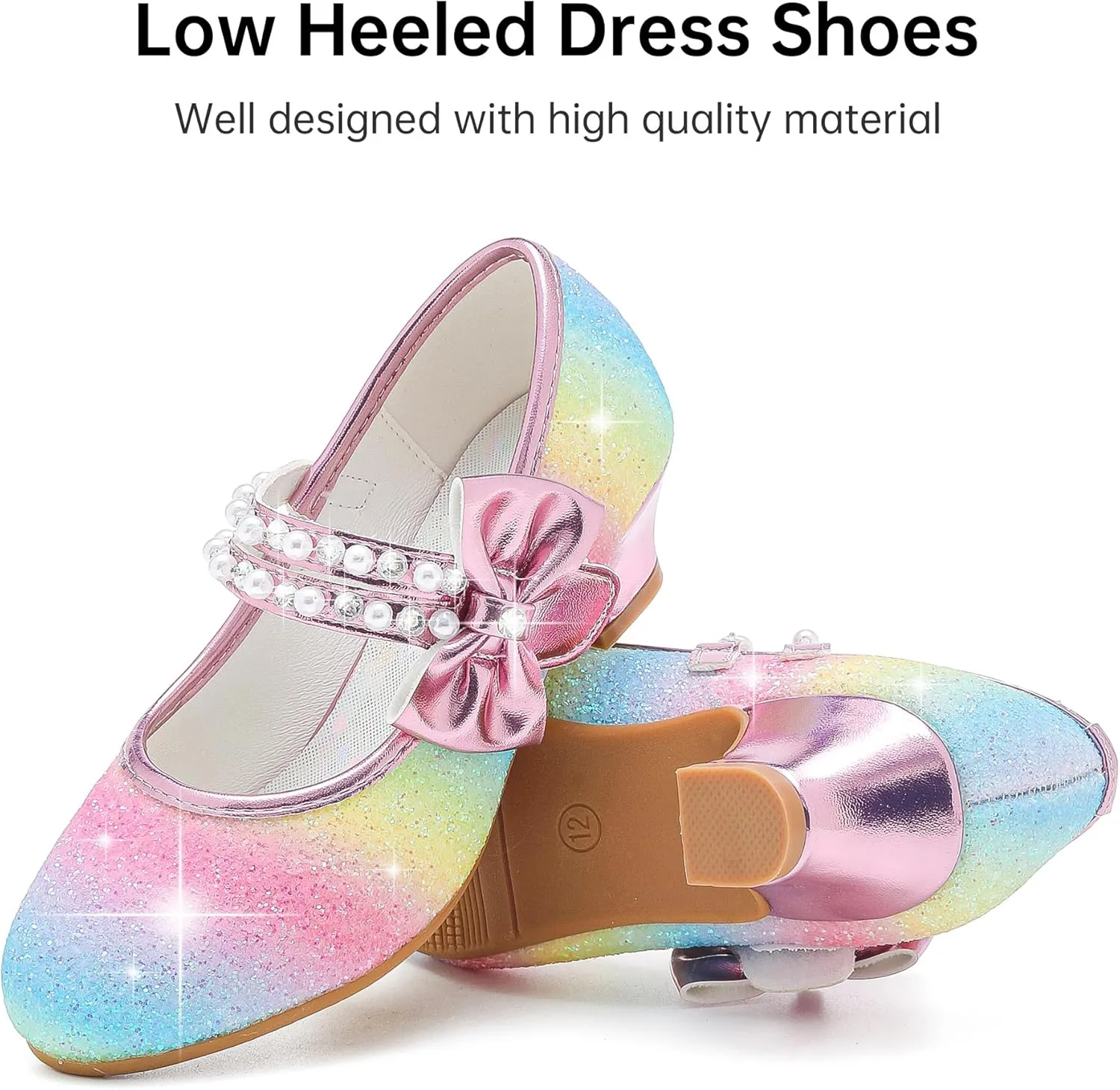 Girls Dress Shoes - Flower Girl Shoes with Low Heel Pump, Glitter Princess Heels for Toddler to Big Kids - Birthday, Christmas, Wedding & Party Occasions