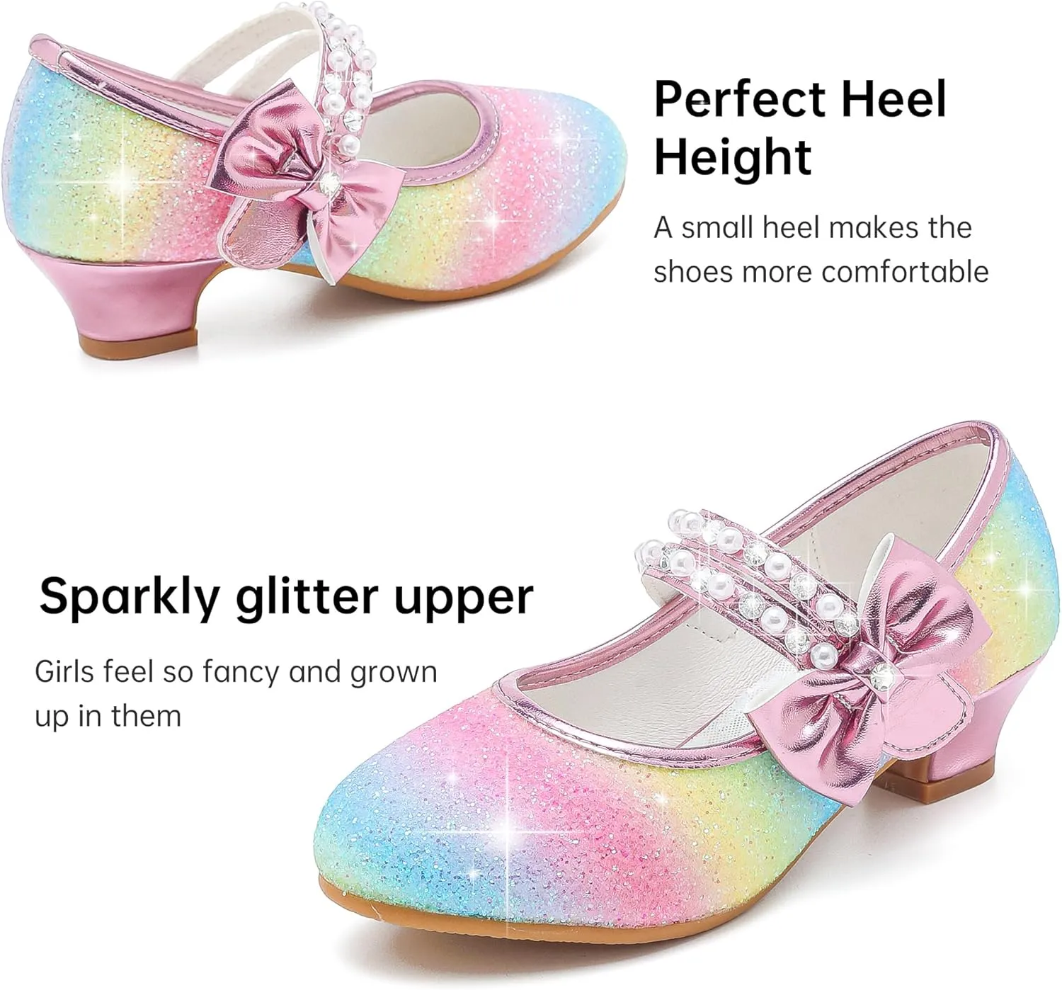 Girls Dress Shoes - Flower Girl Shoes with Low Heel Pump, Glitter Princess Heels for Toddler to Big Kids - Birthday, Christmas, Wedding & Party Occasions