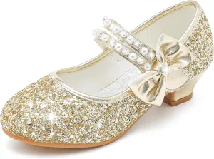 Girls Dress Shoes - Flower Girl Shoes with Low Heel Pump, Glitter Princess Heels for Toddler to Big Kids - Birthday, Christmas, Wedding & Party Occasions