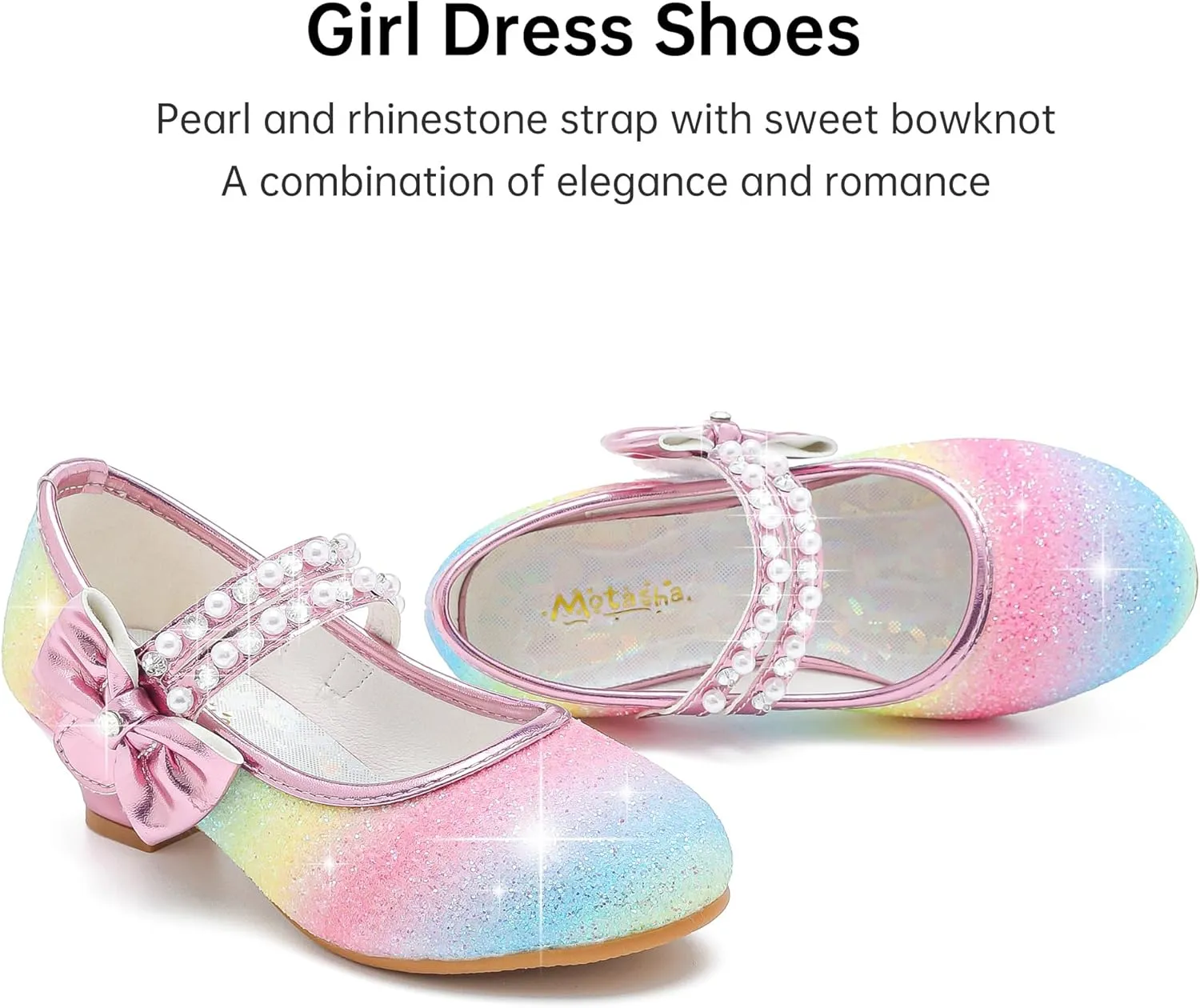 Girls Dress Shoes - Flower Girl Shoes with Low Heel Pump, Glitter Princess Heels for Toddler to Big Kids - Birthday, Christmas, Wedding & Party Occasions