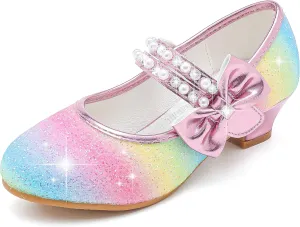 Girls Dress Shoes - Flower Girl Shoes with Low Heel Pump, Glitter Princess Heels for Toddler to Big Kids - Birthday, Christmas, Wedding & Party Occasions