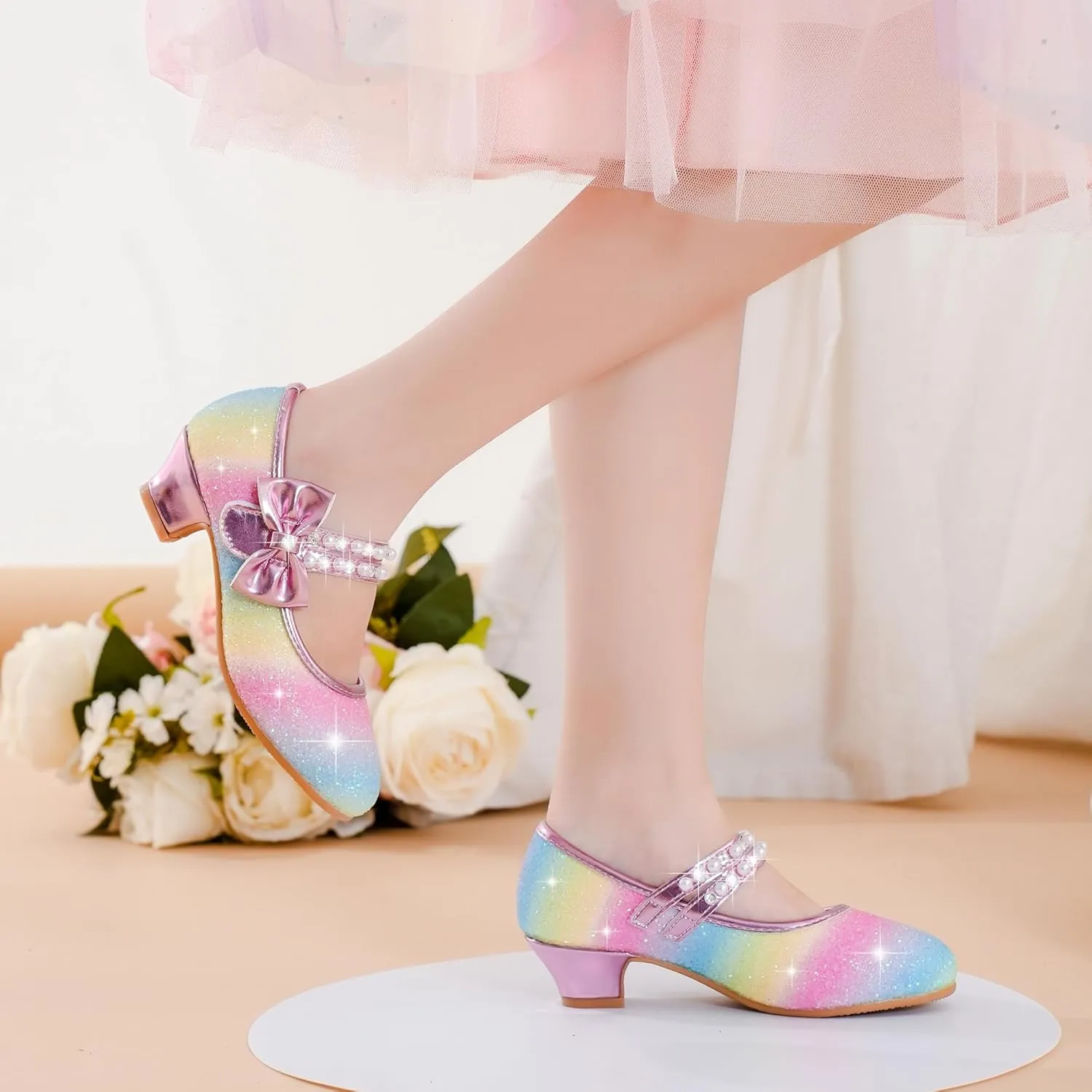 Girls Dress Shoes - Flower Girl Shoes with Low Heel Pump, Glitter Princess Heels for Toddler to Big Kids - Birthday, Christmas, Wedding & Party Occasions