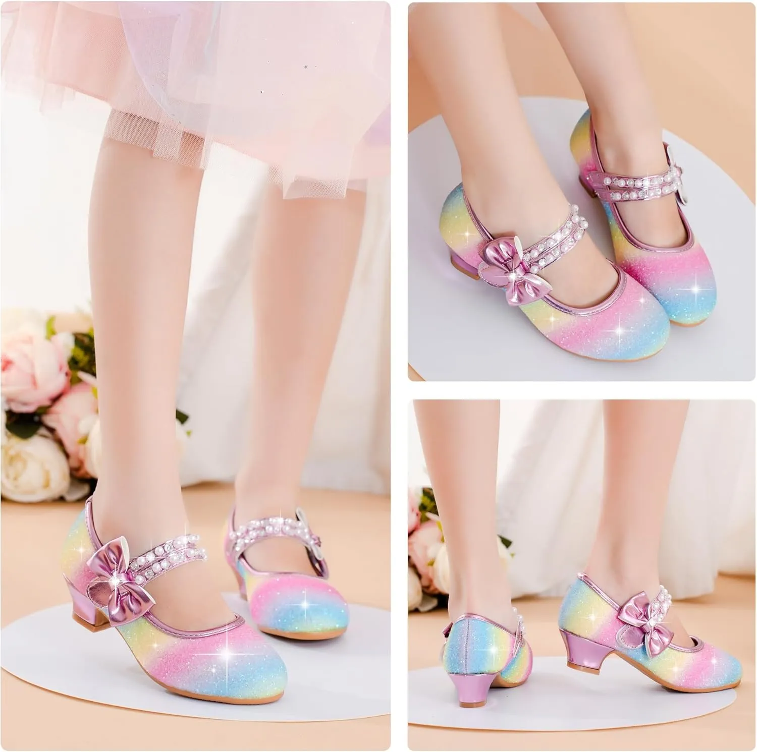 Girls Dress Shoes - Flower Girl Shoes with Low Heel Pump, Glitter Princess Heels for Toddler to Big Kids - Birthday, Christmas, Wedding & Party Occasions