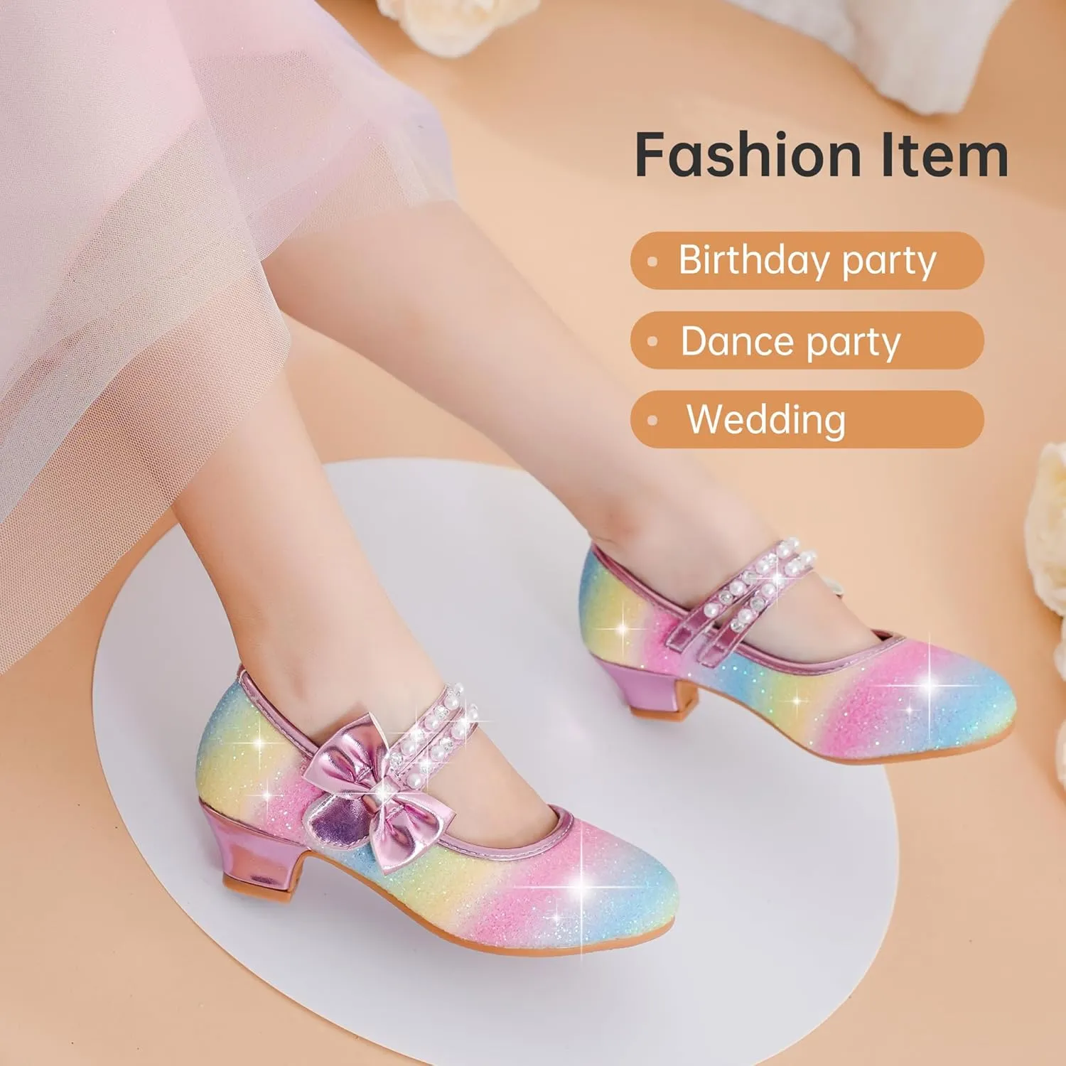 Girls Dress Shoes - Flower Girl Shoes with Low Heel Pump, Glitter Princess Heels for Toddler to Big Kids - Birthday, Christmas, Wedding & Party Occasions