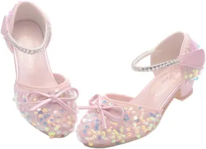 Girls Glitter Low Heels Dress Pump Flower Girl Sequin Mary Jane Wedding Party Princess Bow Dress Shoes for Toddler Little Kid Big Kid