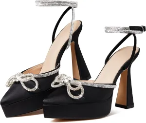 Goiphrri Platform Ankle Strap High Heeled Lace Up Pumps Sandals Ankle Buckle Straps Pump Rhinestone Stilettos Bowknots Wedding Sandals
