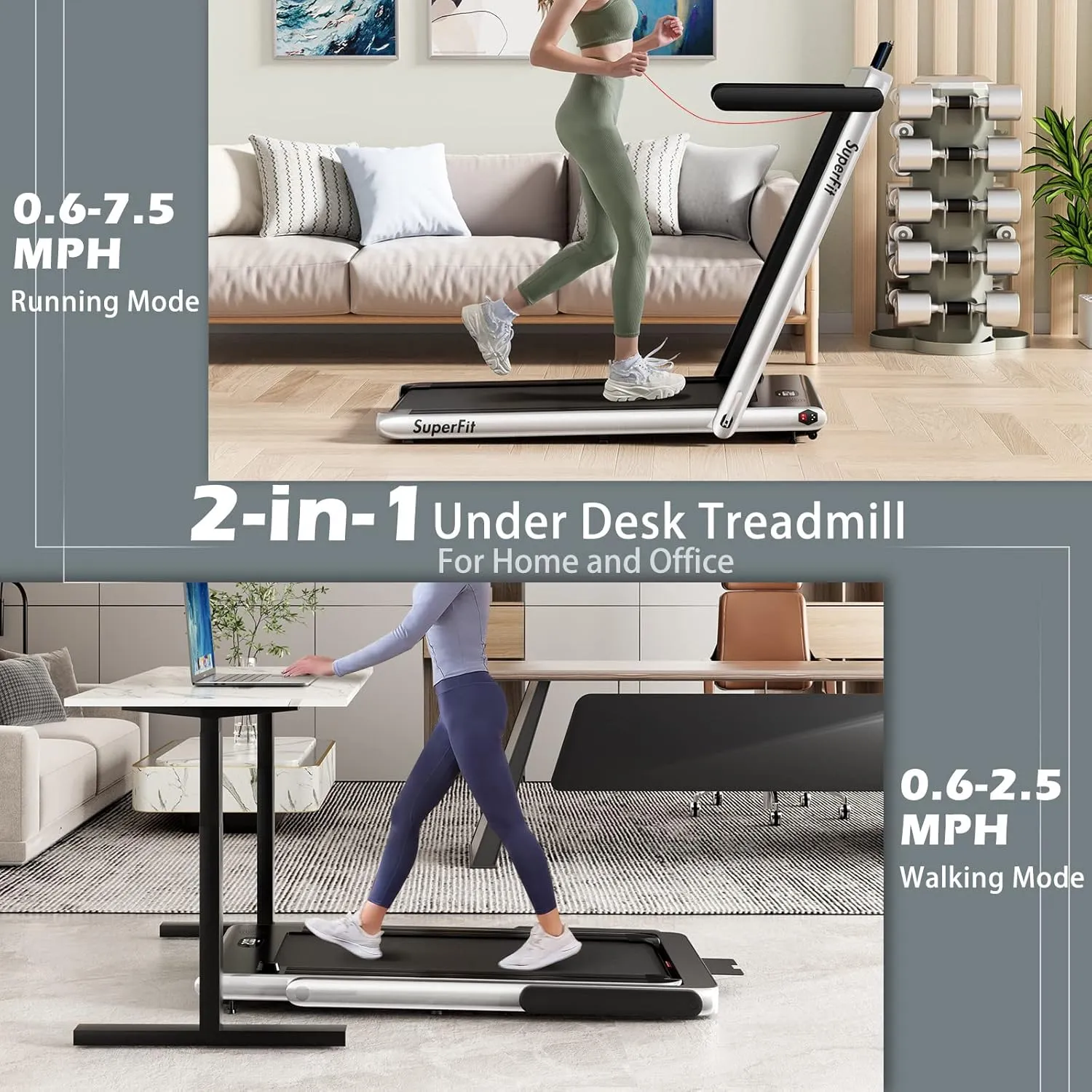 Goplus 2 in 1 Under Desk Treadmill, 2.5HP Superfit Folding Treadmills for Home Office w/Smart APP, Remote Control, LED Display, Bluetooth Speaker, Foldable Walking Jogging Machine